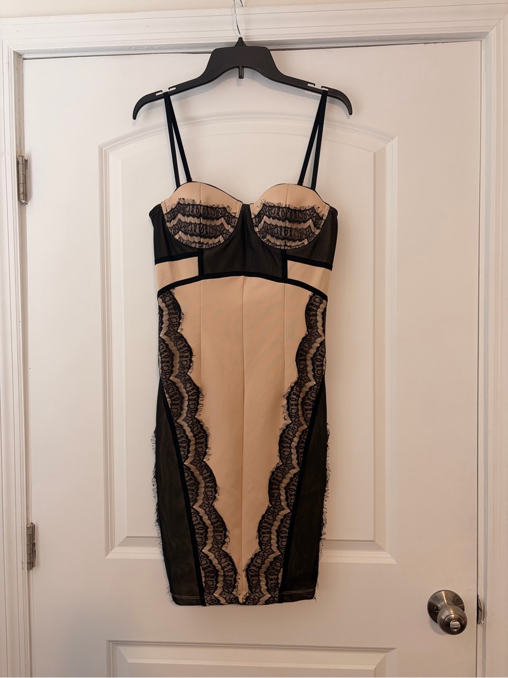 Blaque Label Beige and Black Lace Bodycon Mini Dress